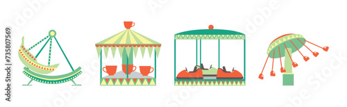 Fairground with Carousel and Roundabout Attraction Vector Set