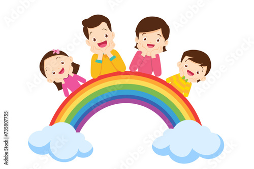 Cute family post smile on rainbow and white board