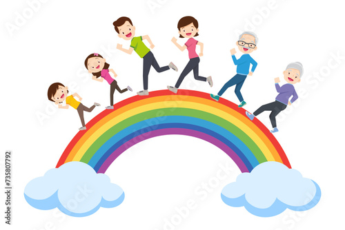 big family Exercise together for good health rainbow background