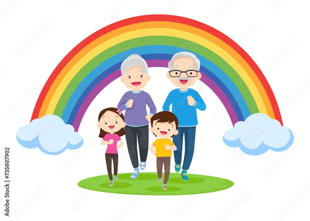 big family Exercise together for good health rainbow background big family Exercise together for good health rainbow background