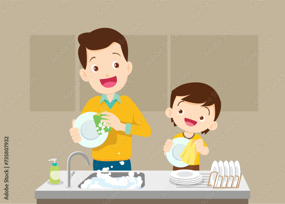 Happy kid helping family washing dishes at home Happy kid helping family washing dishes at home