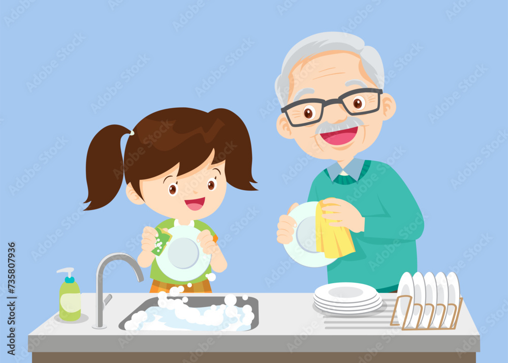Happy kid helping family washing dishes at home Happy kid helping family washing dishes at home