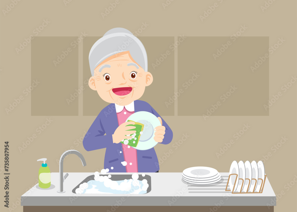 Happy kid helping family washing dishes at home Happy kid helping family washing dishes at home