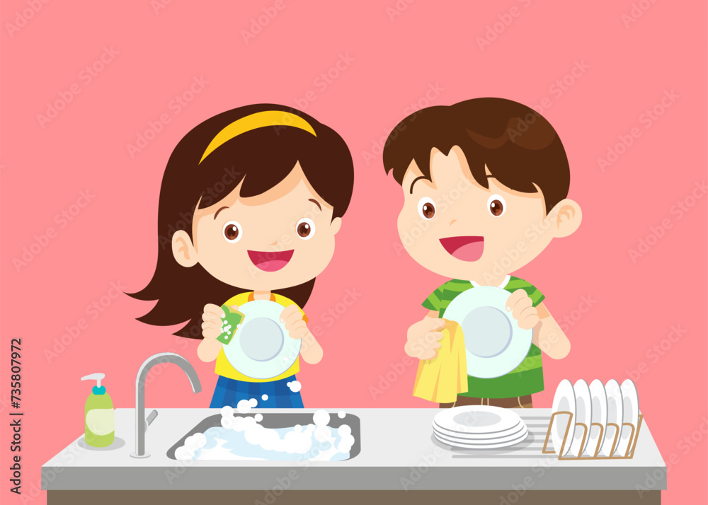 happy cute little boy and girl washing dish together happy cute little boy and girl washing dish together