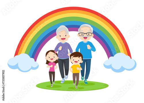 big family Exercise together for good health rainbow background