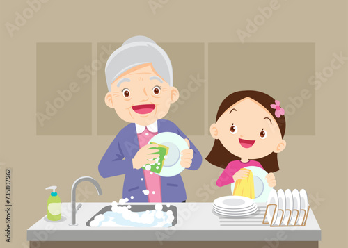 Happy kid helping family washing dishes at home