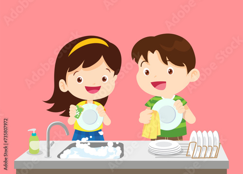 happy cute little boy and girl washing dish together