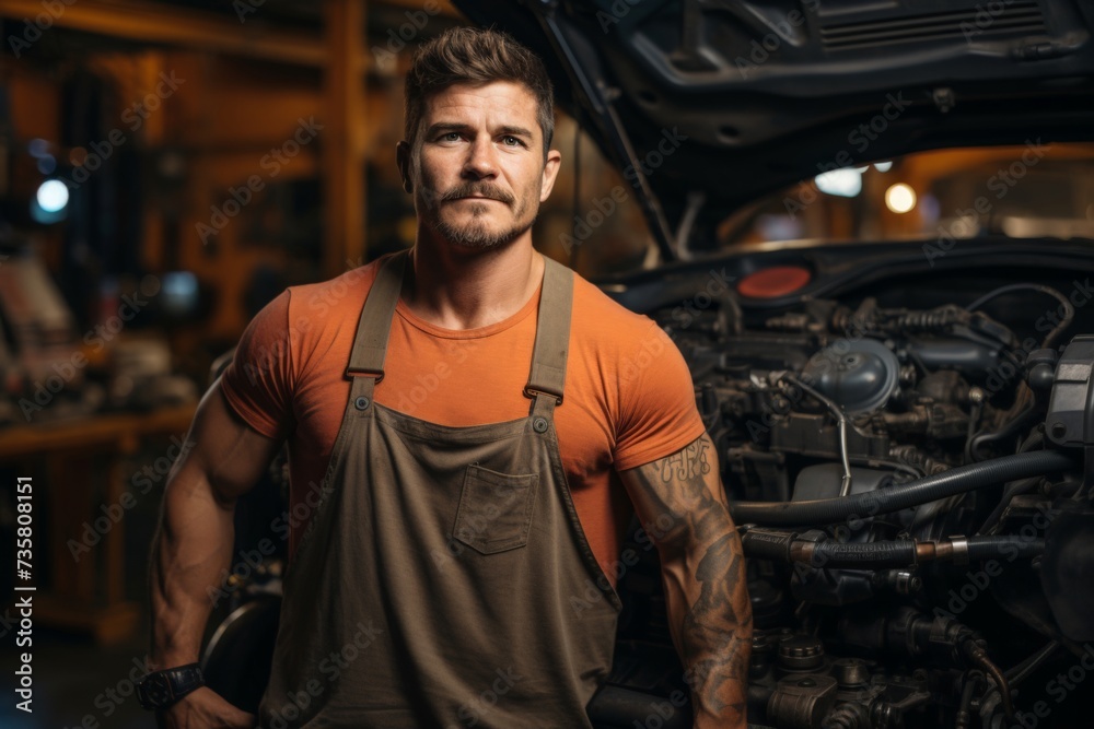 Attractive confident male auto mechanic working and looking on his work in Car machine Attractive confident male auto mechanic working and looking on his work in Car machine