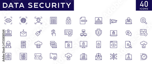 Data security icons set with fully editable stroke thin line vector illustration with secured network, data protection, security, antivirus, padlock, spam, data analytic, data shield, firewall, threat