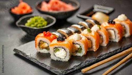 Assorted Sushi presented in a Tasteful Way - Diverse different types of Sushi - Maki, Inside-out, Nigiri, Uramaki - Japanese Cuisine - Fresh Seafood