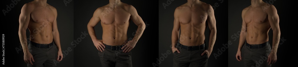 Set of four images strong athletic man on black background