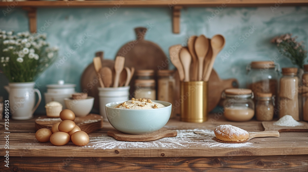 Elegant, gold-handled baking tools displayed against a backdrop of soft, muted kitchen colors,