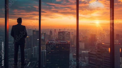 High-powered executive looking out over the city from a high-rise office, sunset hues adding to the scene's gravitas