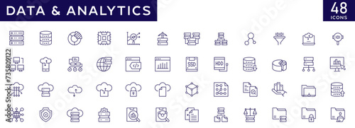 Data analytics icons set with fully editable stroke thin line vector illustration with database, statistics, server, monitoring, computing, network, big data, data processing, hosting, data mining.