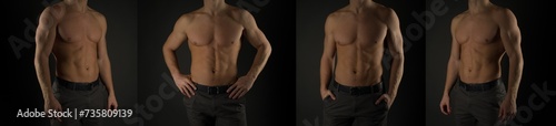 Set of four images strong athletic man on black background