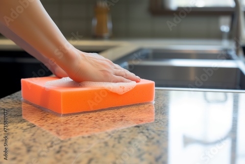 person cleaning kitchen countertop with an orange sponge photo