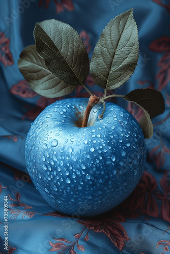 A forbidden fruit with a velvety  deep sapphire exterior  set against an extravagant  silk brocade background 