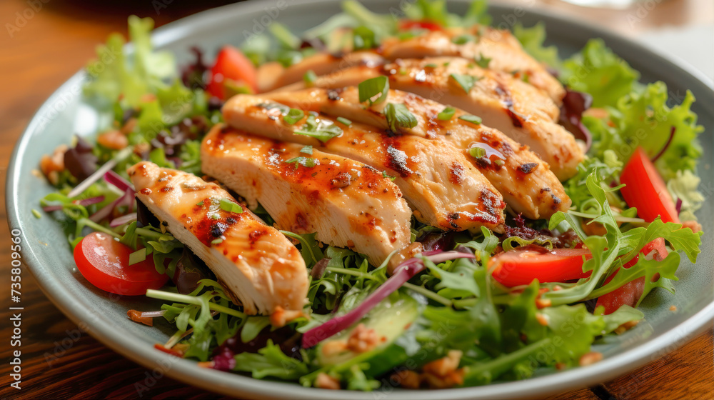 Fried chicken meat lies sliced on a plate with salad and cherry tomatoes
Fried chicken meat lies sliced on a plate with salad and cherry tomatoes