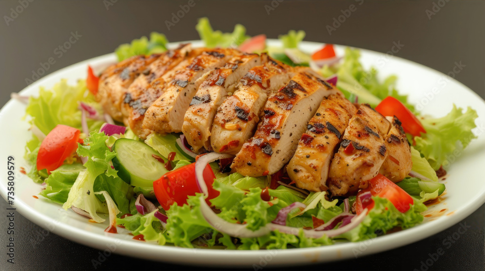 Fried chicken meat lies sliced on a plate with salad and cherry tomatoes
Fried chicken meat lies sliced on a plate with salad and cherry tomatoes