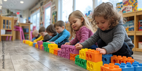 In a vibrant preschool classroom, children, both boys and girls, engage in imaginative play with colorful toys and blocks, promoting collaborative development and learning.