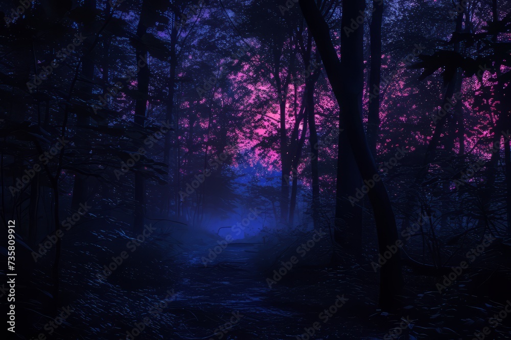 night forest wallpaper for desktop. night forest with fog background. Fantasy landscape forest at night. Natural landscape background. Synthwave Style Leaf Background. fantasy forest wallpaper. night forest wallpaper for desktop. night forest with fog background. Fantasy landscape forest at night. Natural landscape background. Synthwave Style Leaf Background. fantasy forest wallpaper.