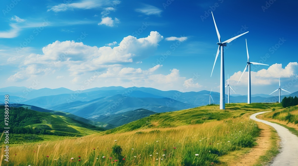 Scenic wind turbines on a sunny summer day in the mountains with ample copy space available