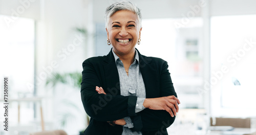 Senior woman, business ceo and laughing boss face in a office with consultant manager confidence. Funny, comedy and happy professional employee at a company with job at consultation agency with smile