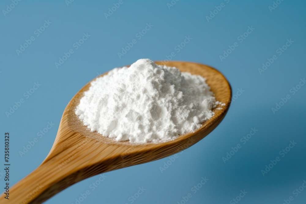 white powder on a wooden spoon on blue background white powder on a wooden spoon on blue background