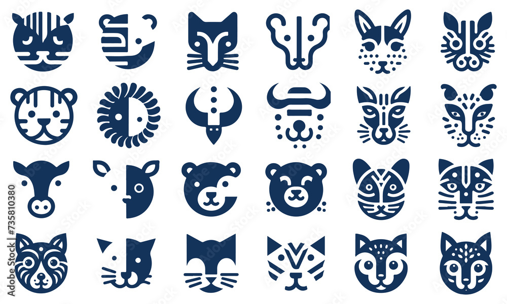Minimalistic animal face vector icon set. Animal icon pack. Animal logo bundle. graphic design bundle free download