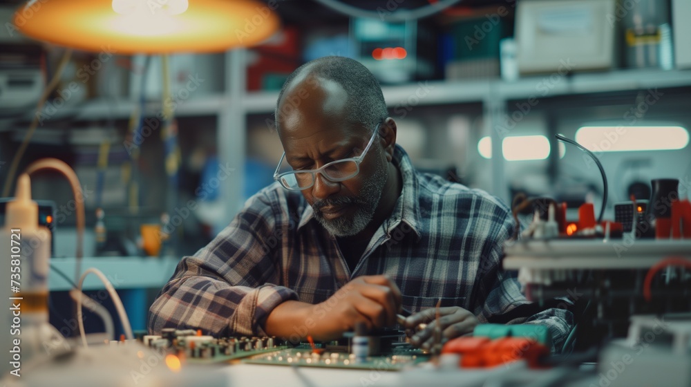 Concentrated engineer meticulously soldering a circuit board in a well-equipped electronics lab, under warm task lighting.