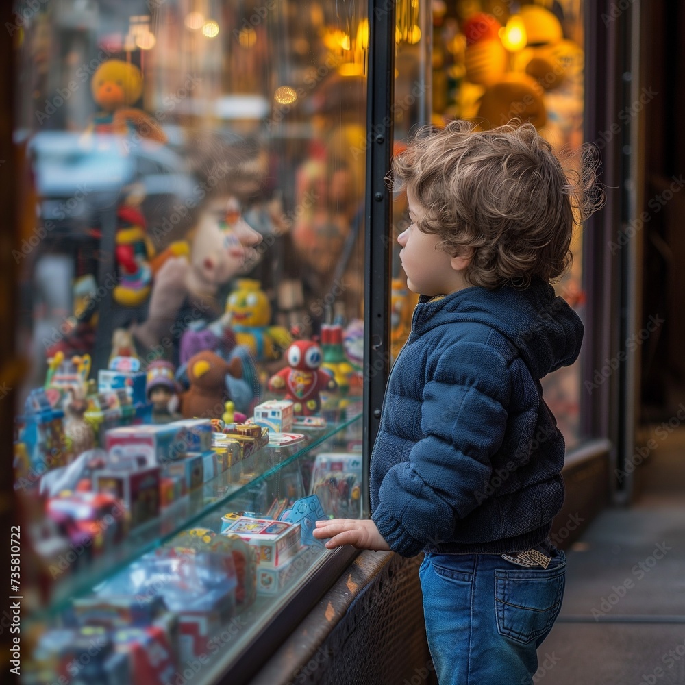 A young child gazes longingly into a toy store window, captivated by the colorful array of toys inside, with soft lights reflecting in the glass.