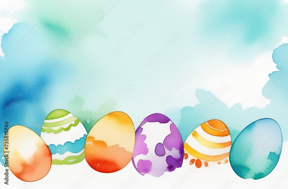 watercolor Easter eggs composition hand drawn black on white background. Decorative horizontal stripe with space for text.