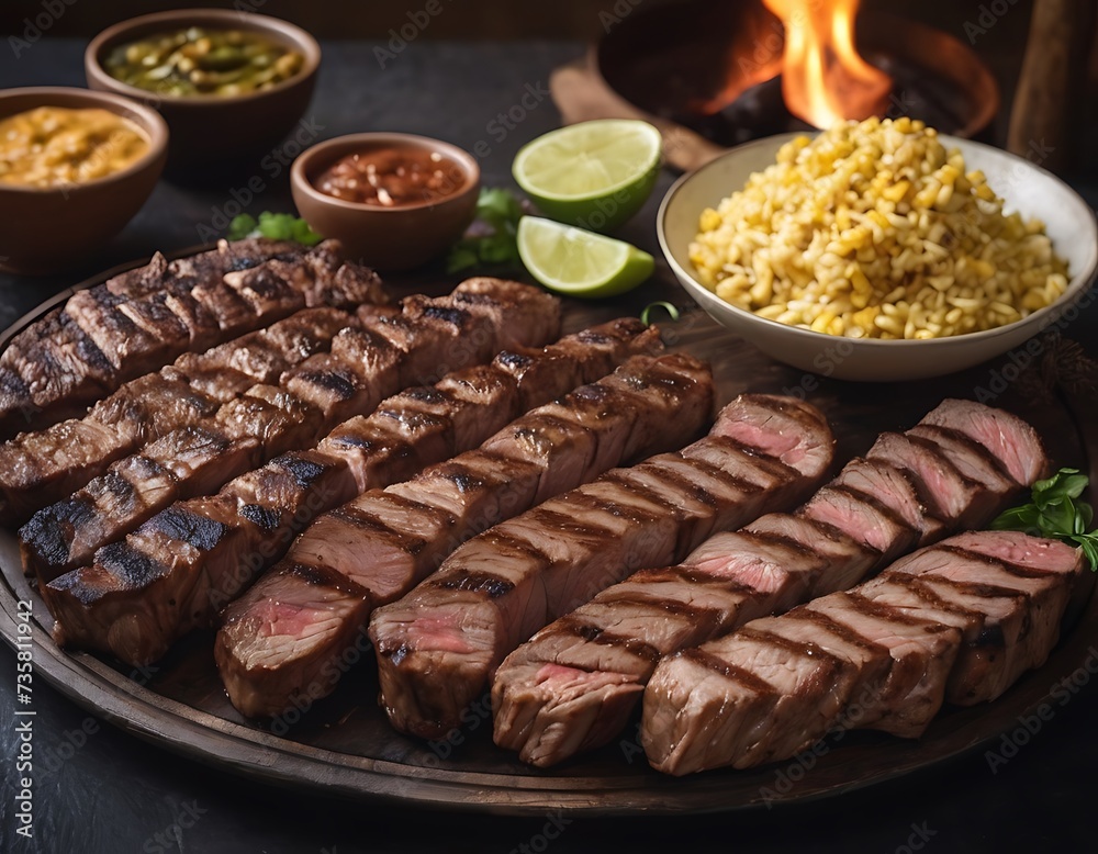 Bife de chorizo, traditional Argentine cut. served on a onix rock with a fesh salad in the background Bife de chorizo, traditional Argentine cut. served on a onix rock with a fesh salad in the background