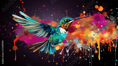 A colorful hummingbird flying in the air with paint.