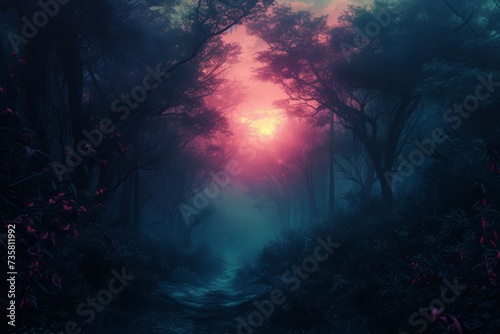 night forest with fog background. Fantasy landscape forest at night. night forest wallpaper for desktop. Natural landscape background. Synthwave Style Leaf Background. fantasy forest wallpaper.