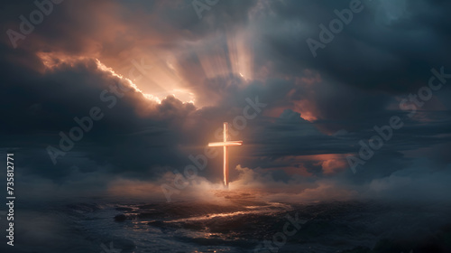 Photo of a glowing cross with rays of light in a dark cloudy setting