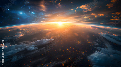 sunrise over the planet, Stunning Earth View from Space, Mesmerizing Planet Landscape Captured in Orbit, view on planet Earth from space., the sun and the clouds, Generative AI 