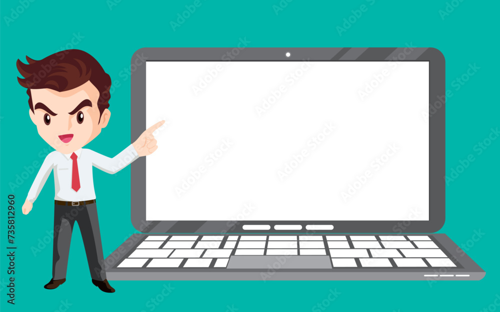 Businessman shows report presentation on laptop