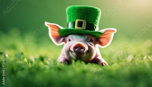 Adorable Piglet in Green Hat Celebrating St. Patrick's Day © Anna