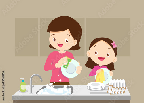 Happy kid helping family washing dishes at home