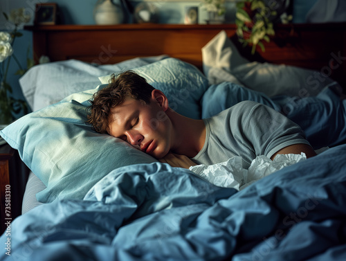 Sleeping sweaty man, laying sick in his bed - Generative AI	 photo