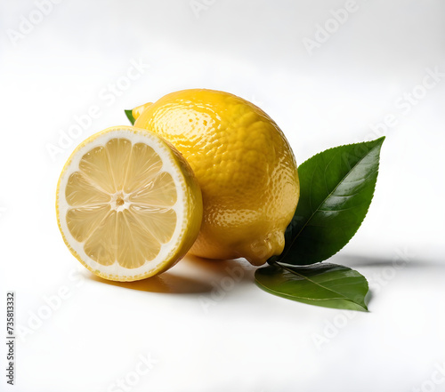 a lemon and a half with leaves on a white background photo
