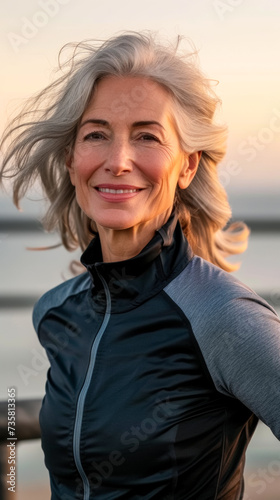 Seniorita happy woman going for a run and living a healthy lifestyle for longevity, halfbody shot, located at beach © Дмитрий Симаков
