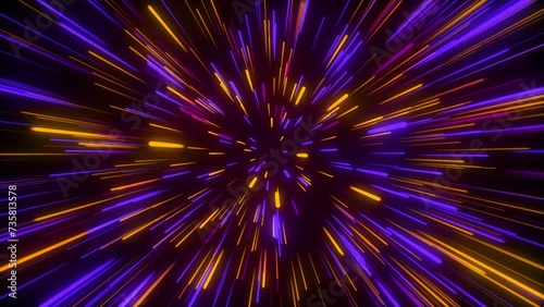 Infinite futuristic background with vibrant and wonder lights. Metaverse concept. Neon line zoom meteor space ping orange, violet, purple theme photo