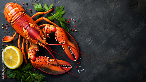 Lobster with spices and lemon on dark background, seafood 