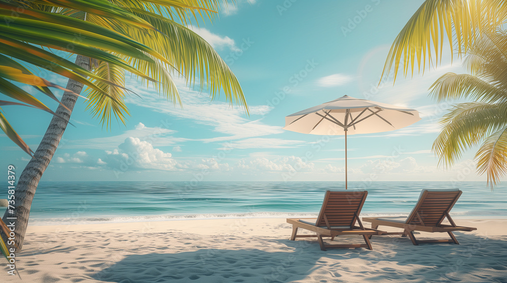 Sun Loungers Under White Umbrella.