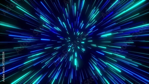 Infinite futuristic background with vibrant and wonder lights. Metaverse concept. Neon line zoom meteor space ping green blue theme