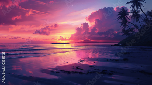 Sunset and Palms on Peaceful Tropical Beach.