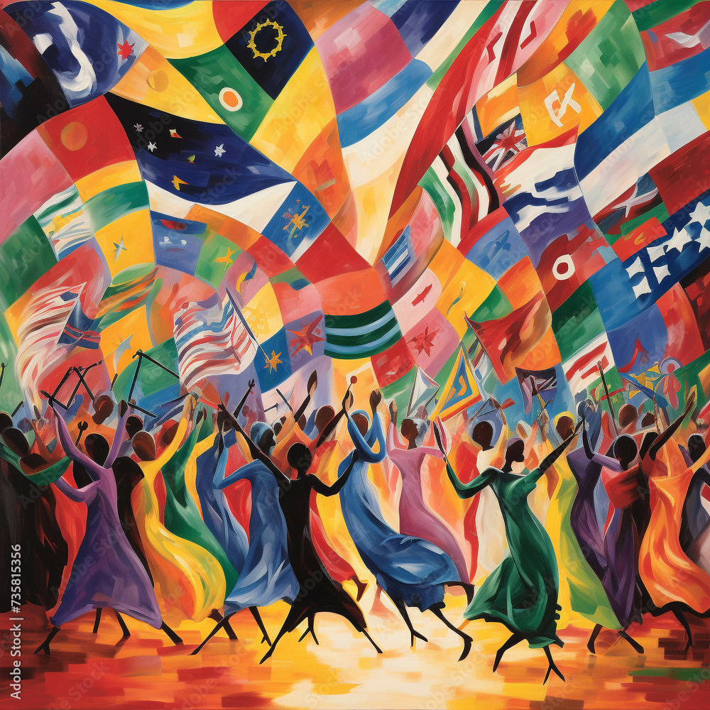A colorful depiction of international flags dancing in a musical concert