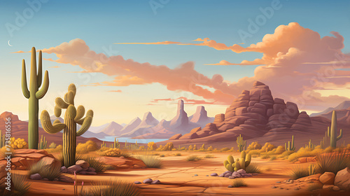 A desert scene with a cactus and mountains.